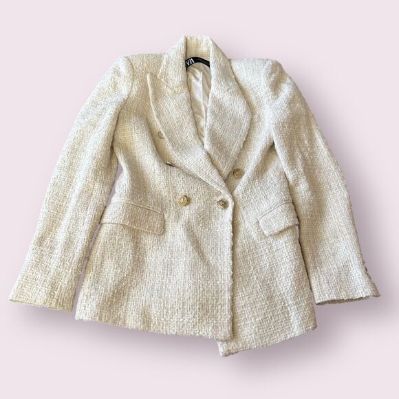 Zara Tweed Blazer Jacket Womens XS Ivory Long Sleeve Notch Lapel Double Breasted - Picture 1 of 9